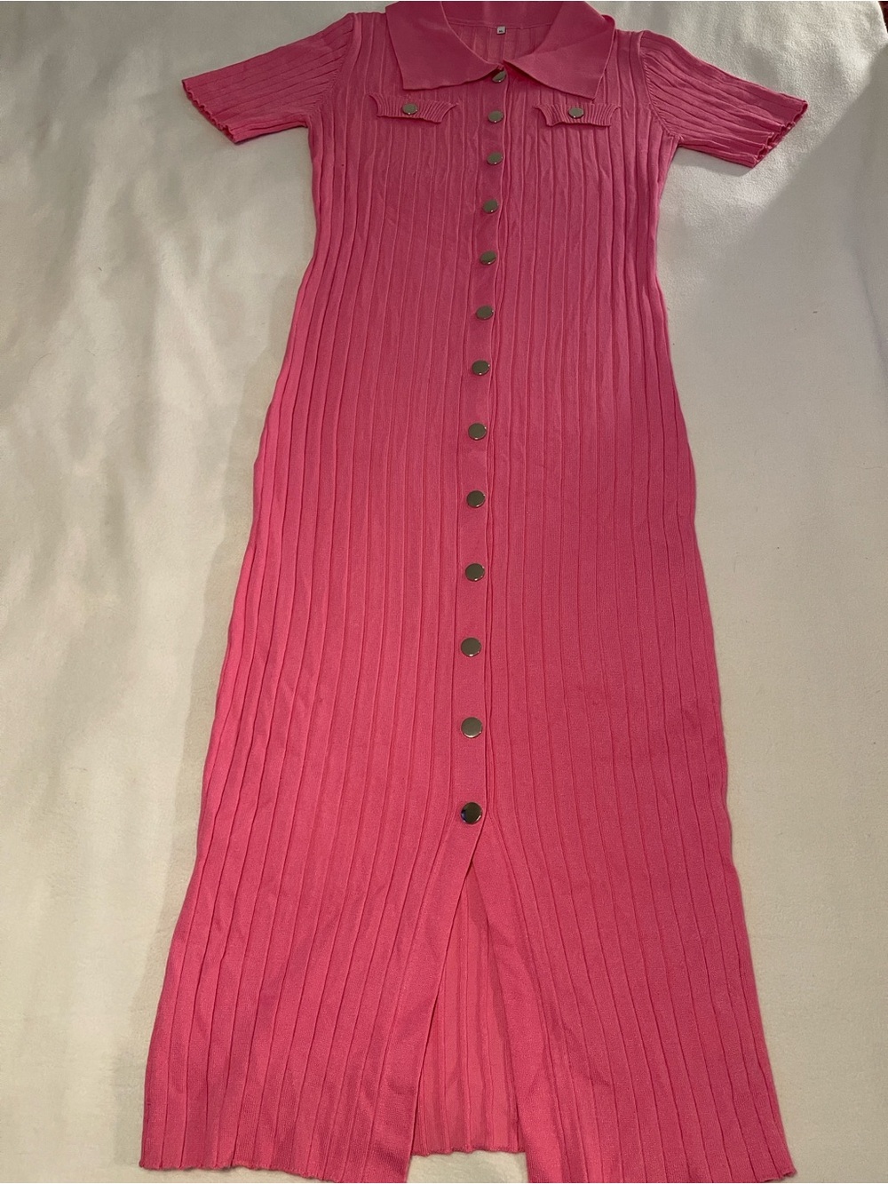 Amazon Pink Ribbed Button-Front Midi Dress - Picture 2 of 7